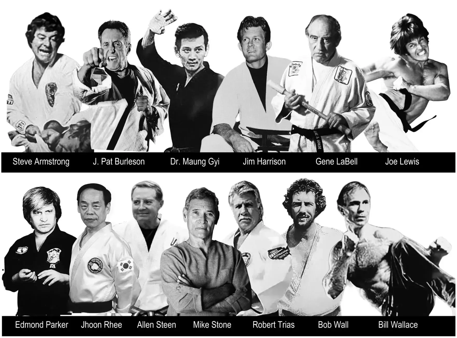 Black-and-white photo of a comedy group with diverse expressions and poses.