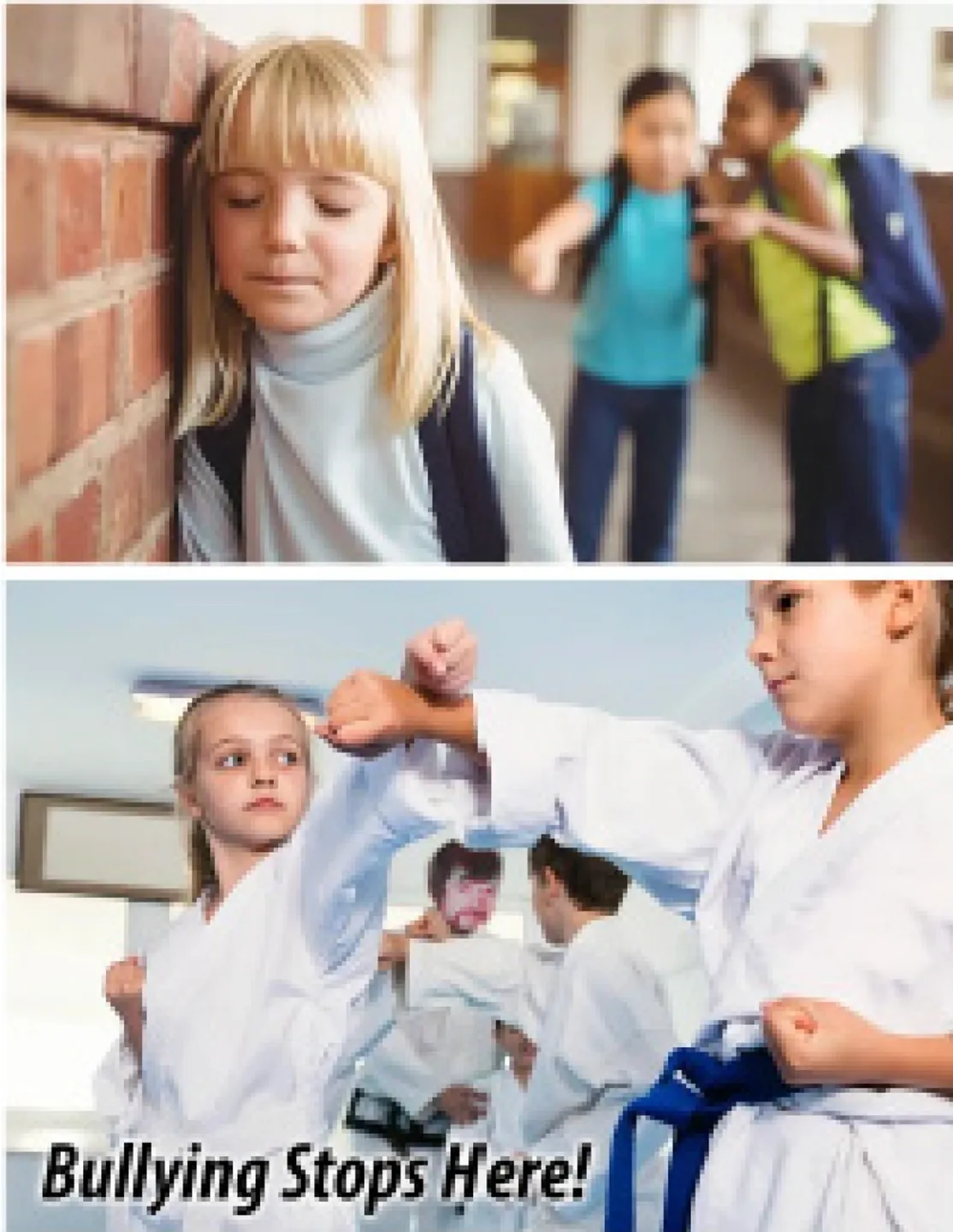 Two images showing children in different social situations, one facing bullying and the other practicing martial arts.